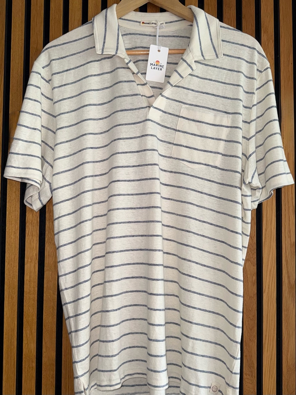 NWT Marine Layer Hemp Cotton Polo in Parchment Stripe - Size Marge (M/L)